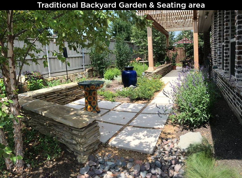 Traditional Backyard Garden & Seating area