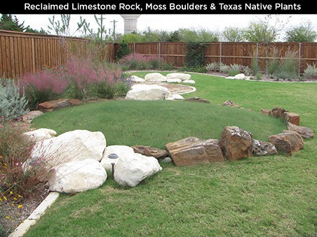 Reclaimed Limestone Rock, Moss Boulders & Texas Native Plants